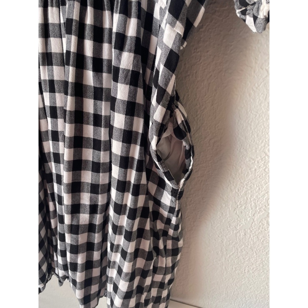 Downeast Black White Gingham Plaid Babydoll Dress Ruffle Sleeve Pockets Size L - Picture 16 of 16